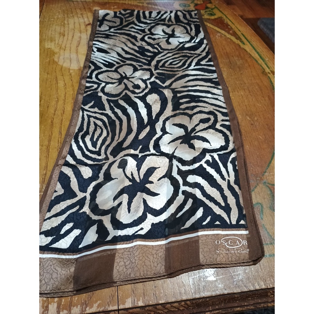 Oscar de la Renta Luxury Scarf‎ Brown Black.Floral Animal Print 52"X10"